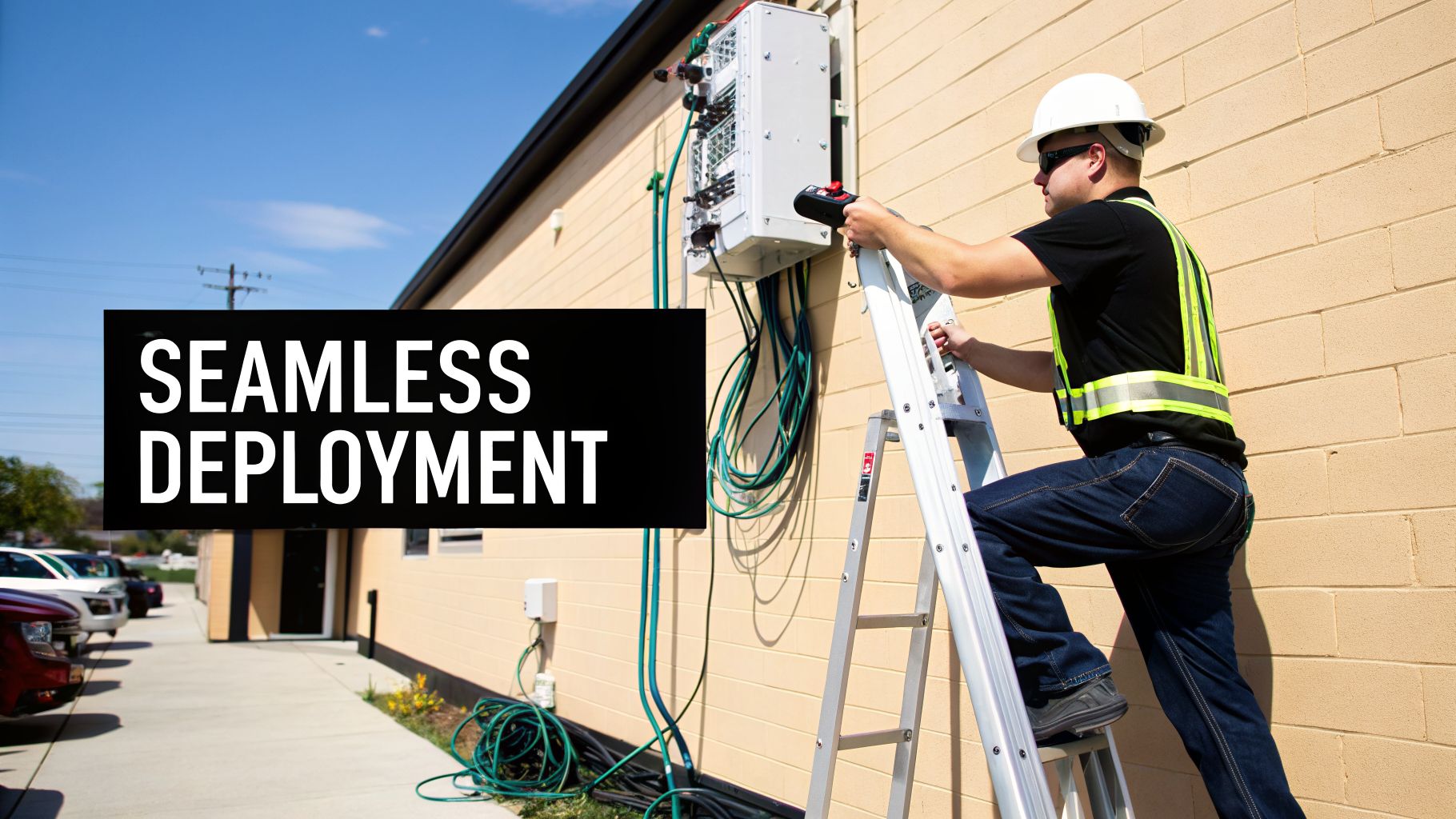 A man in a hard hat and safety vest installs network equipment on a building wall.