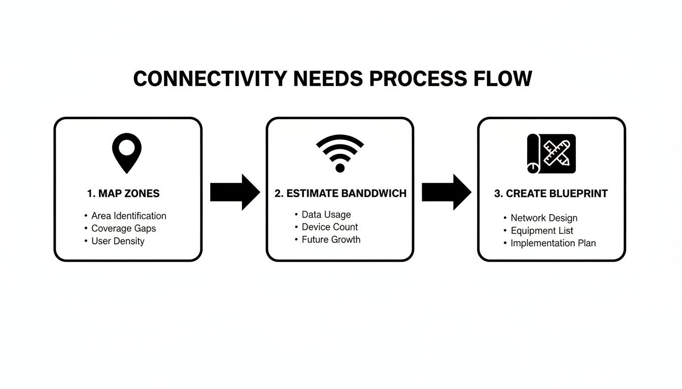 A flowchart detailing the three-step connectivity needs process: map zones, estimate bandwidth, and create blueprint.