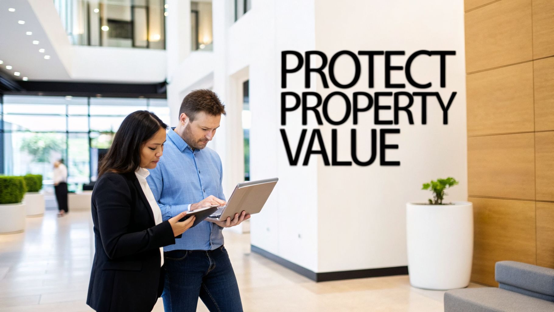 Two professionals review data on a laptop and tablet in a modern office with text 'PROTECT PROPERTY VALUE'.