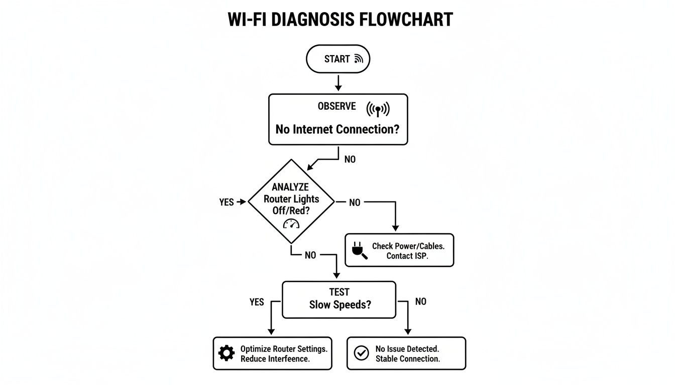 Flowchart detailing steps to diagnose and troubleshoot common Wi-Fi issues like no internet or slow speeds.