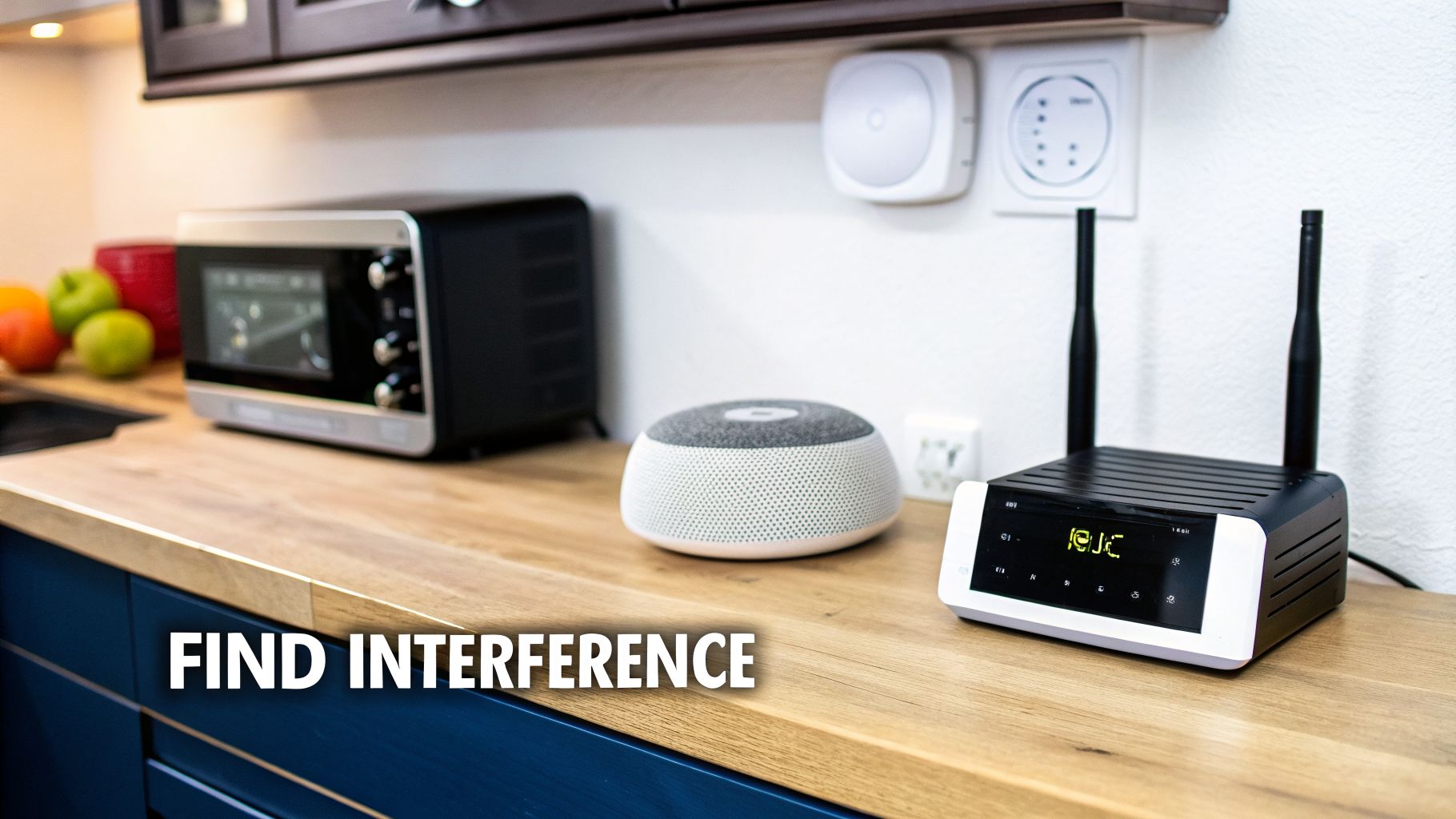 A kitchen counter featuring a microwave, smart speaker, and Wi-Fi router, highlighting potential wireless interference.