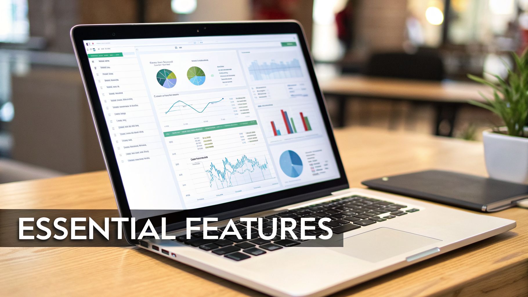 A laptop displaying business data visualizations with charts and graphs on a wooden desk. The text 'ESSENTIAL FEATURES' is visible.