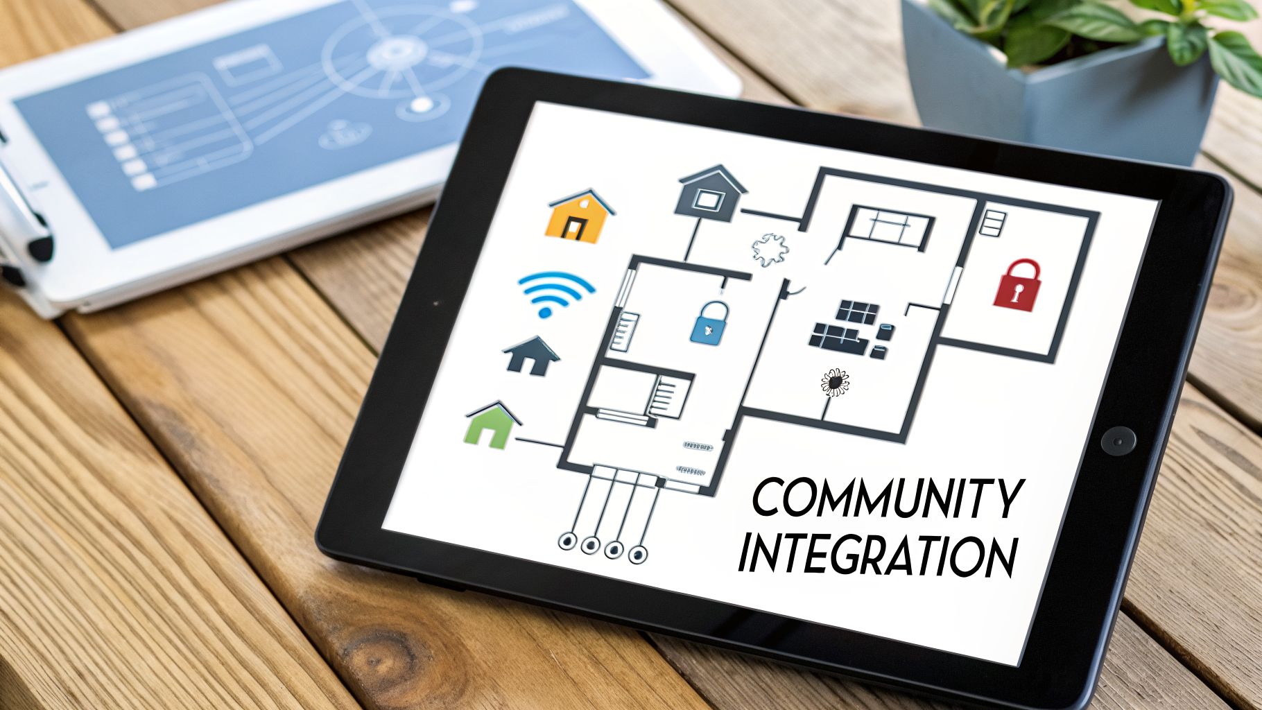 A tablet displays a smart home floor plan with houses, Wi-Fi, and 'COMMUNITY INTEGRATION' text.