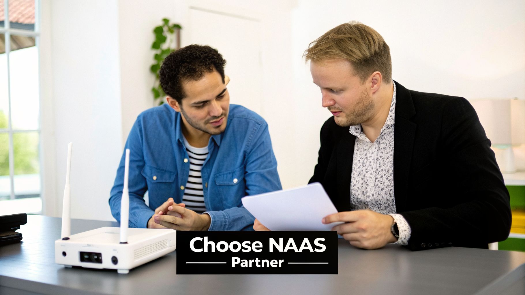 Two men discuss documents at a table with a network device, representing a business partnership.