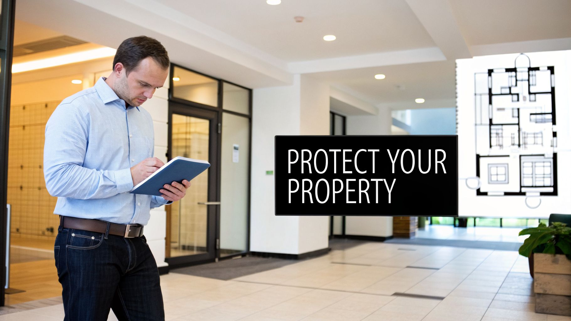 A man reviews documents in a modern building lobby with a "PROTECT YOUR PROPERTY" sign.