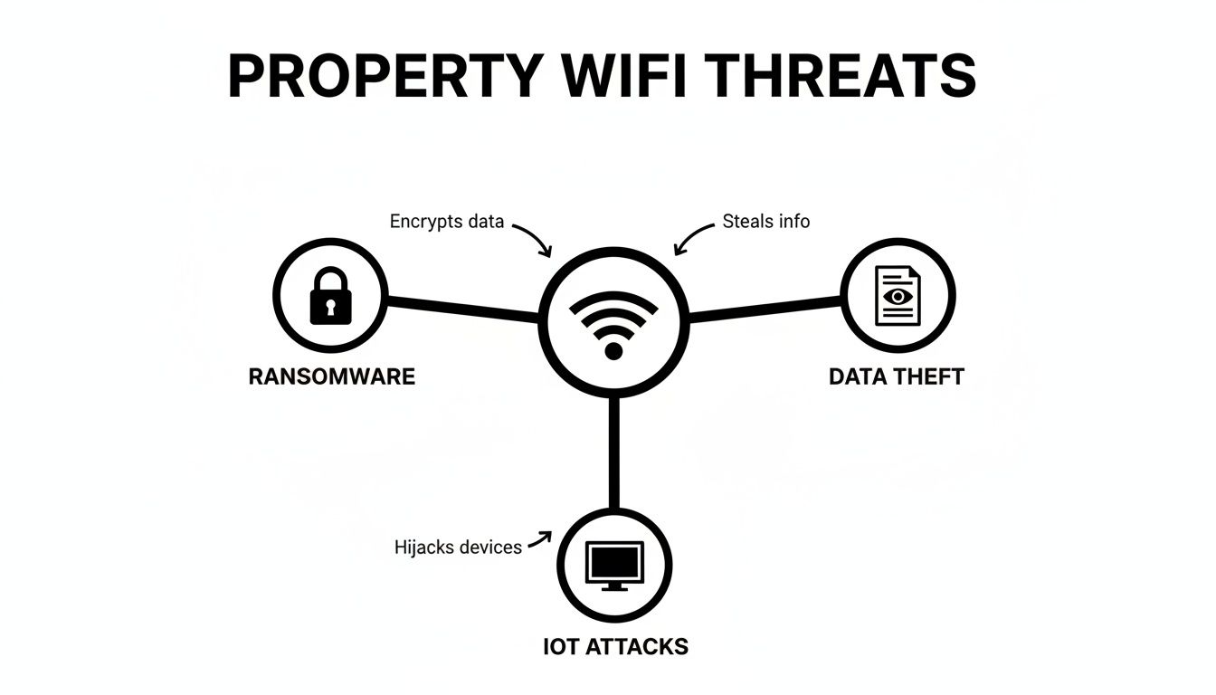 A diagram illustrates property WiFi threats: ransomware, data theft, and IoT attacks linked to a WiFi icon.