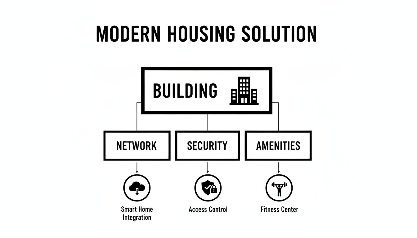 Conceptual diagram: modern housing solution with building, network, security, and amenities like smart home, access control, and fitness.