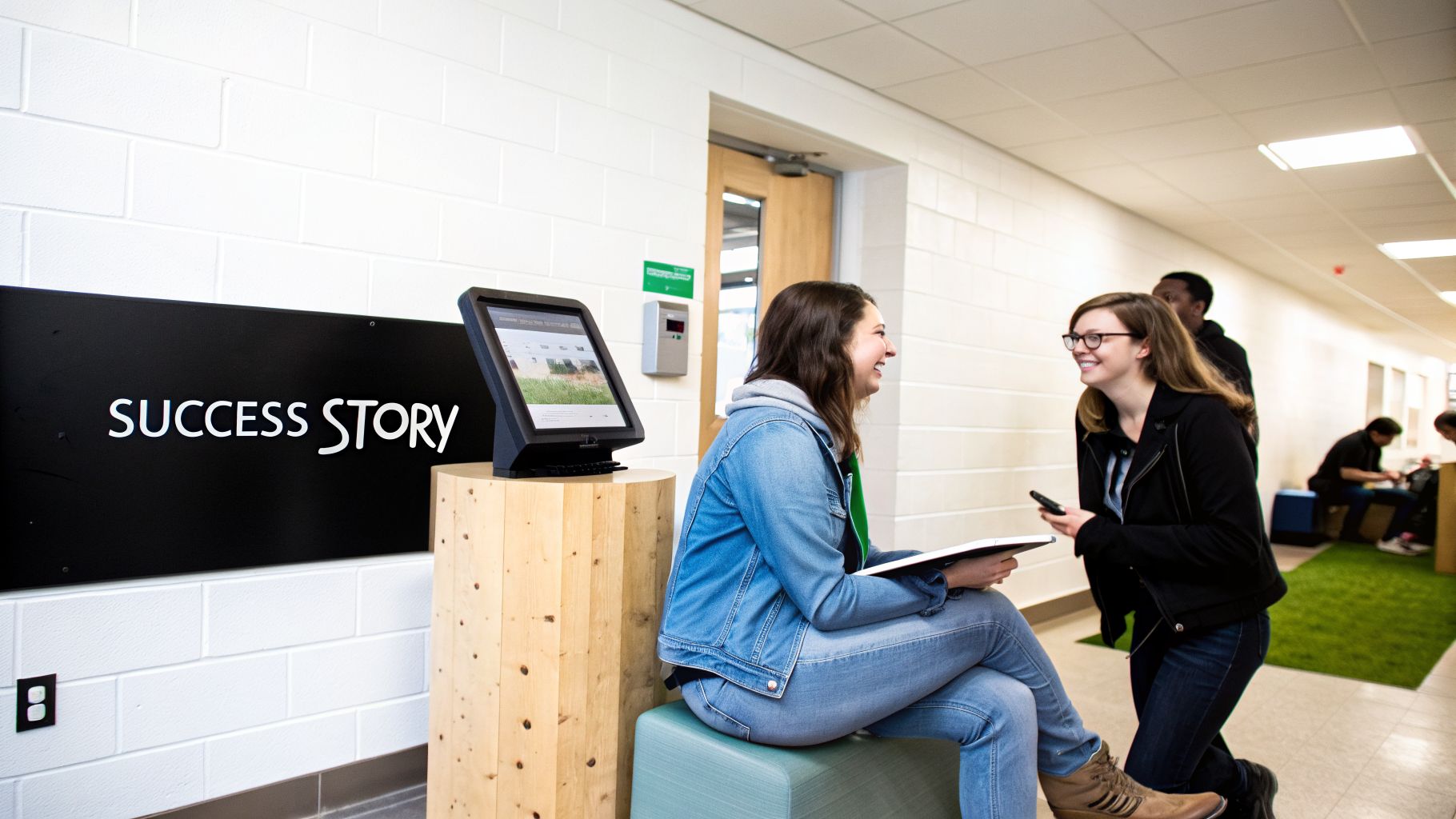 Two smiling students engage in lively conversation near a "SUCCESS STORY" display in a college hallway.