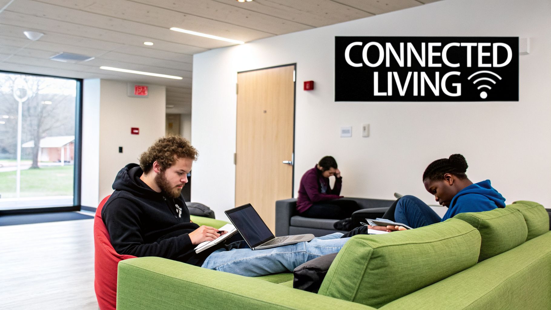 Three students relax and study on green couches in a modern student housing lounge.