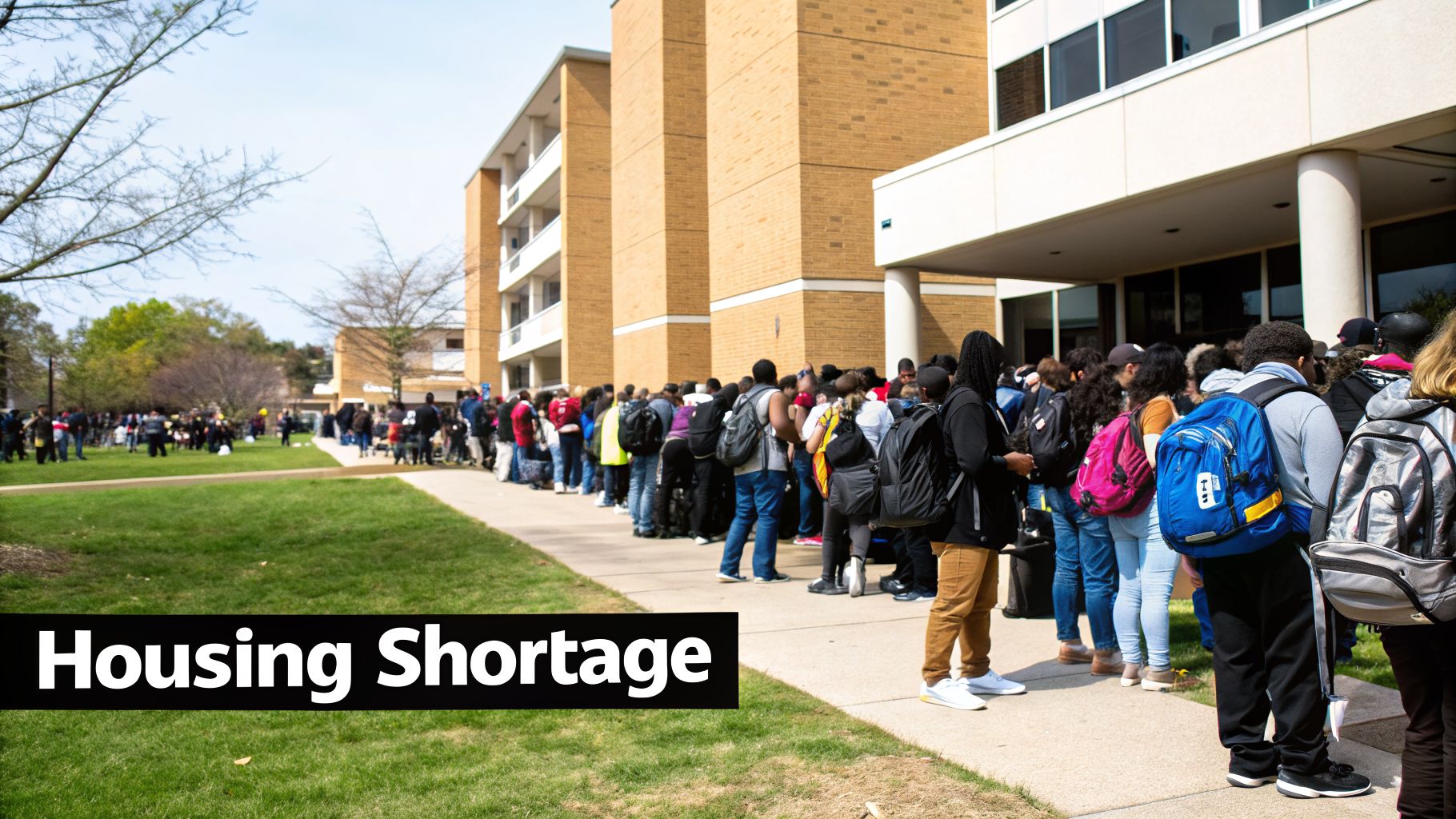 A long line of students queues outside a university building under a clear sky, with text 'Housing Shortage'.