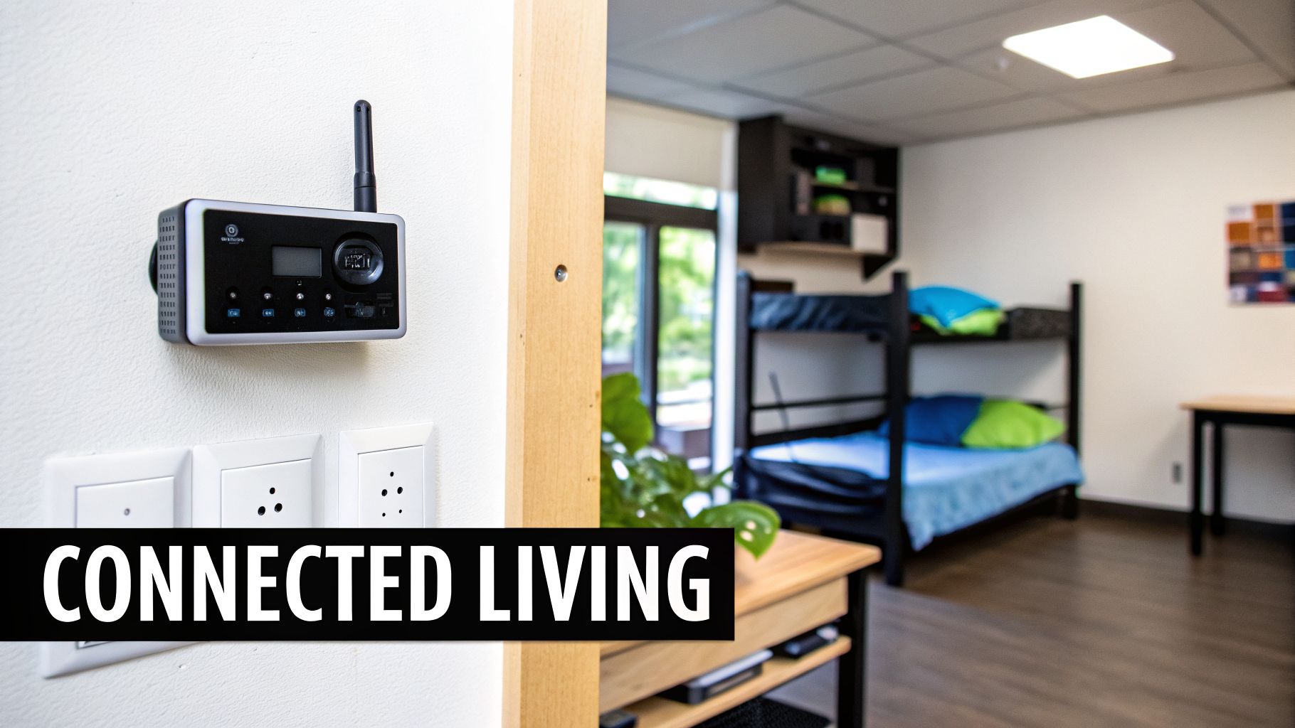 Smart device and power outlets on a white wall in a connected student dorm room.