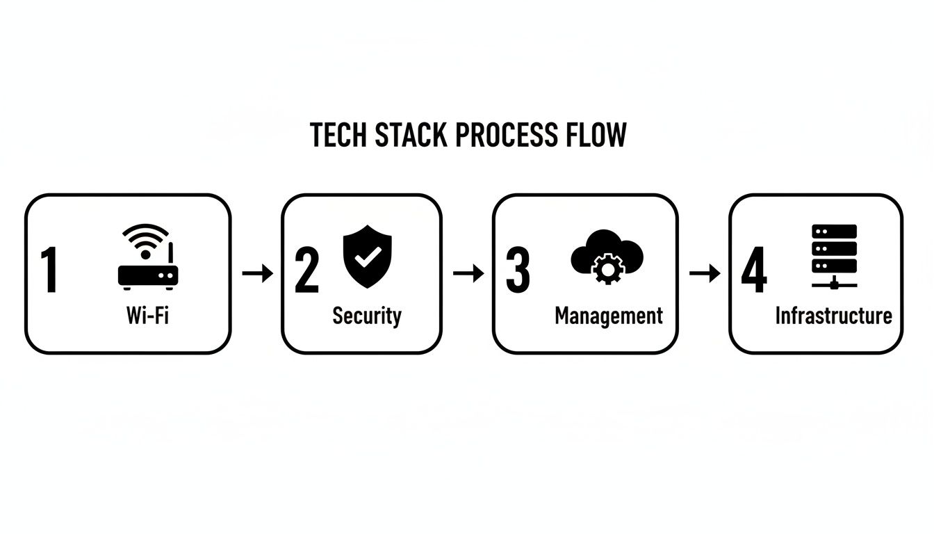 A tech stack process flow diagram showing Wi-Fi, Security, Management, and Infrastructure steps with icons.