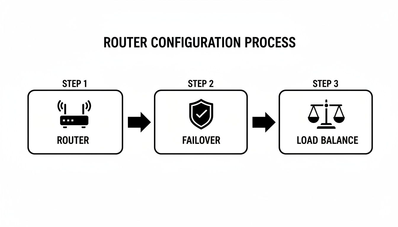 Flowchart illustrating router configuration process steps: Router, Failover, and Load Balance.