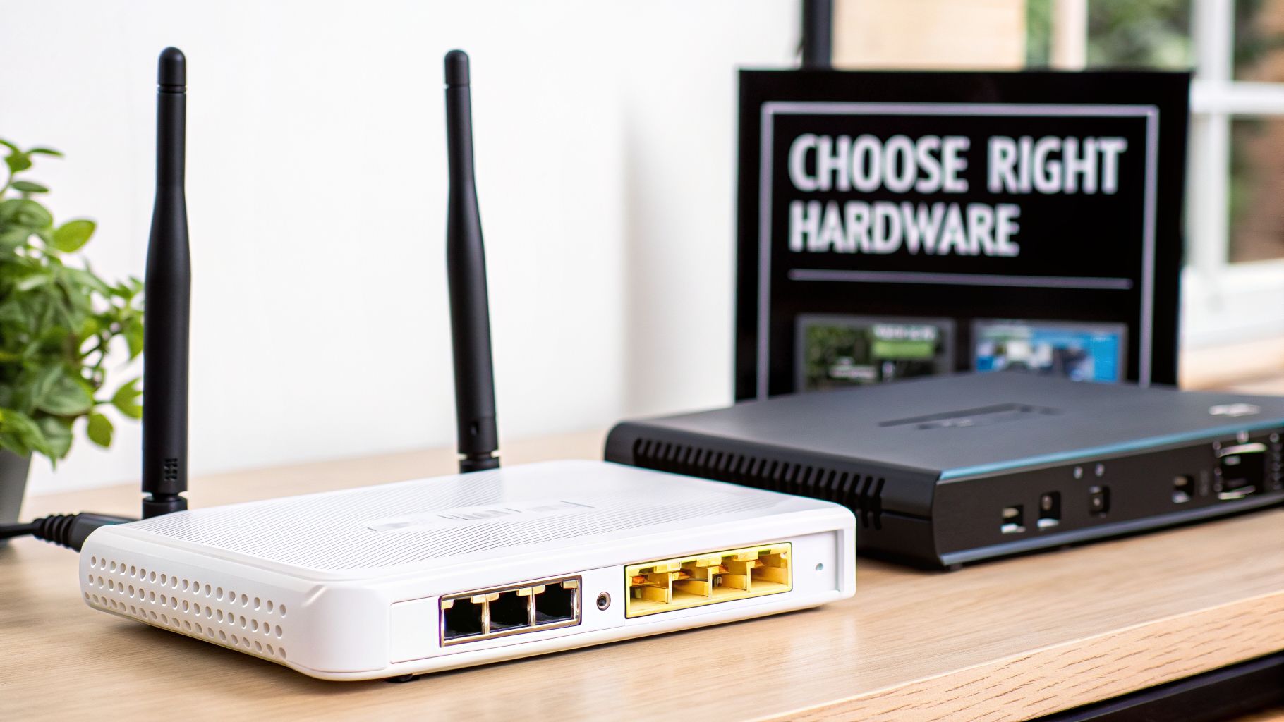 A white router with antennas and a black network device on a wooden desk, promoting hardware choice.