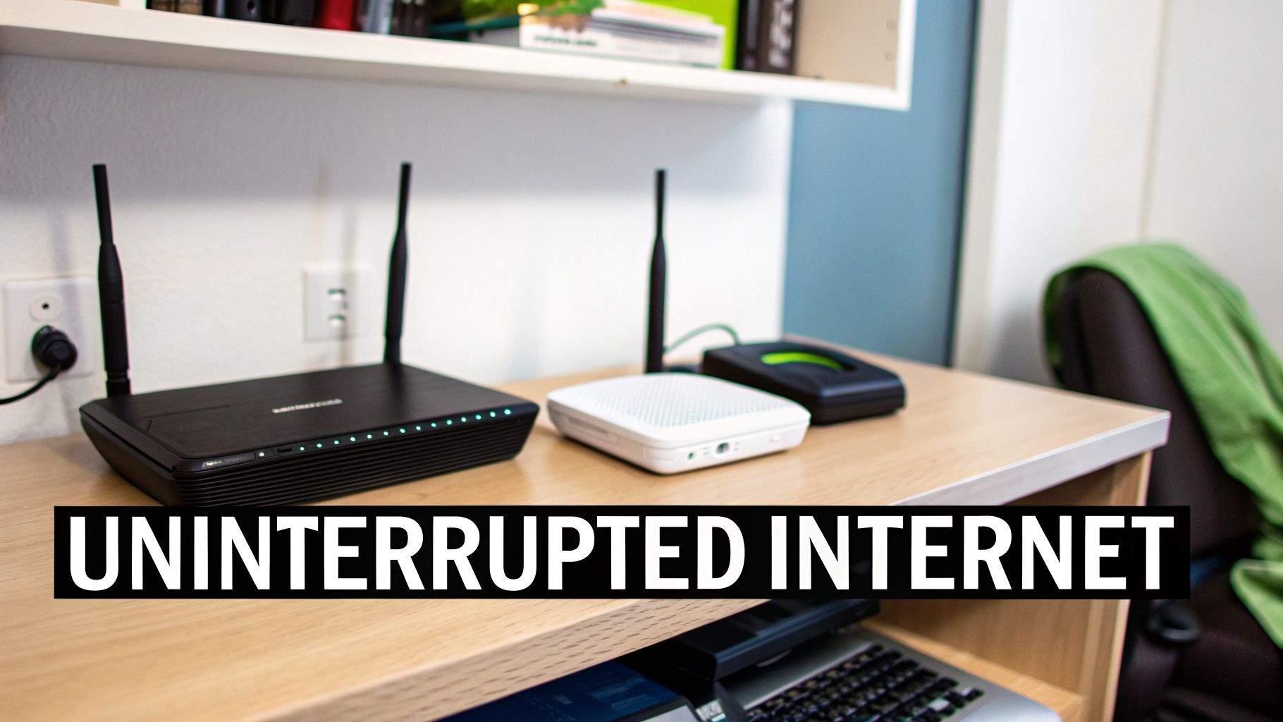 Three internet networking devices, a modem, and a router, on a wooden desk with a laptop.