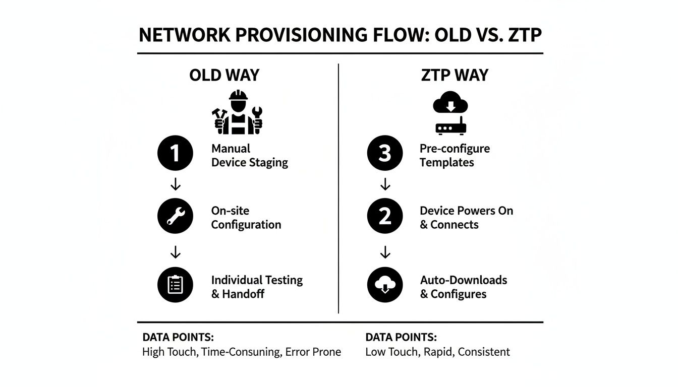 A flowchart comparing the old way versus ZTP way for network provisioning, detailing steps and data points.