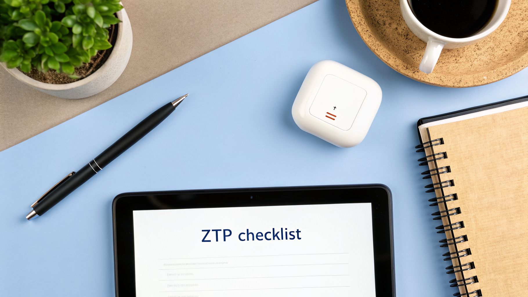 Overhead shot of a desk with a tablet displaying 'ZTP checklist', pen, coffee, and plant.