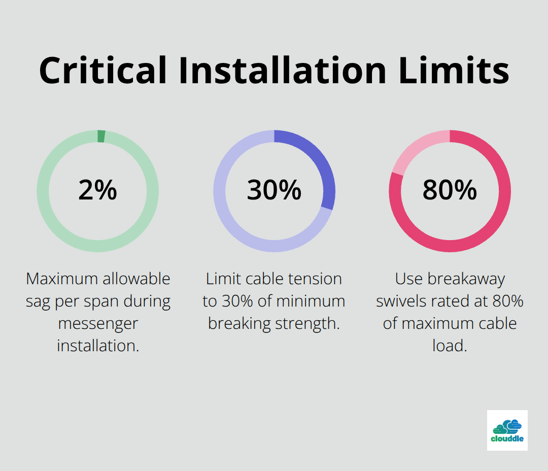 Key percentage limits for aerial fiber installation: sag, tension, and breakaway ratings.