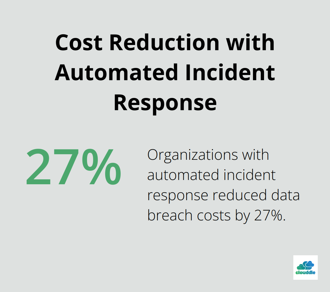 A percentage chart showing that organizations with automated incident response protocols reduced the average cost of a data breach by 27% compared to those without automation. - automated network security