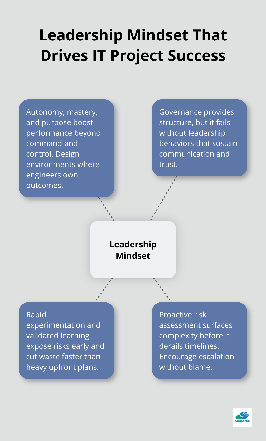 Hub-and-spoke showing leadership mindset with autonomy, mastery, purpose, governance support, experimentation, and proactive risk assessment.