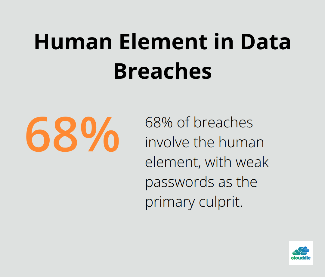 Pie chart showing 68% of data breaches involve the human element, primarily due to weak passwords - business data network and security