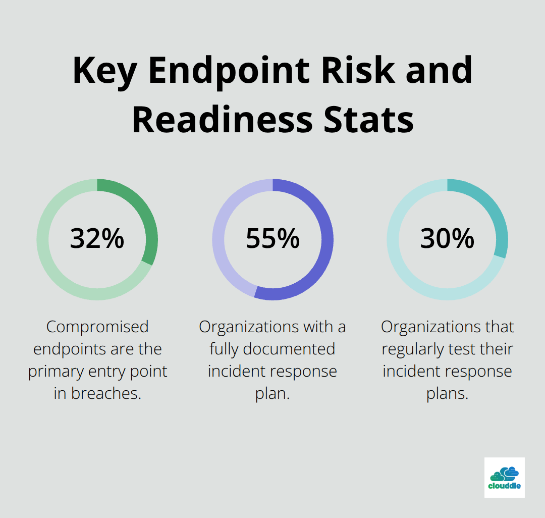 Chart showing 32% of breaches via compromised endpoints, 55% with an incident response plan, and 30% that regularly test plans. - Endpoint security management