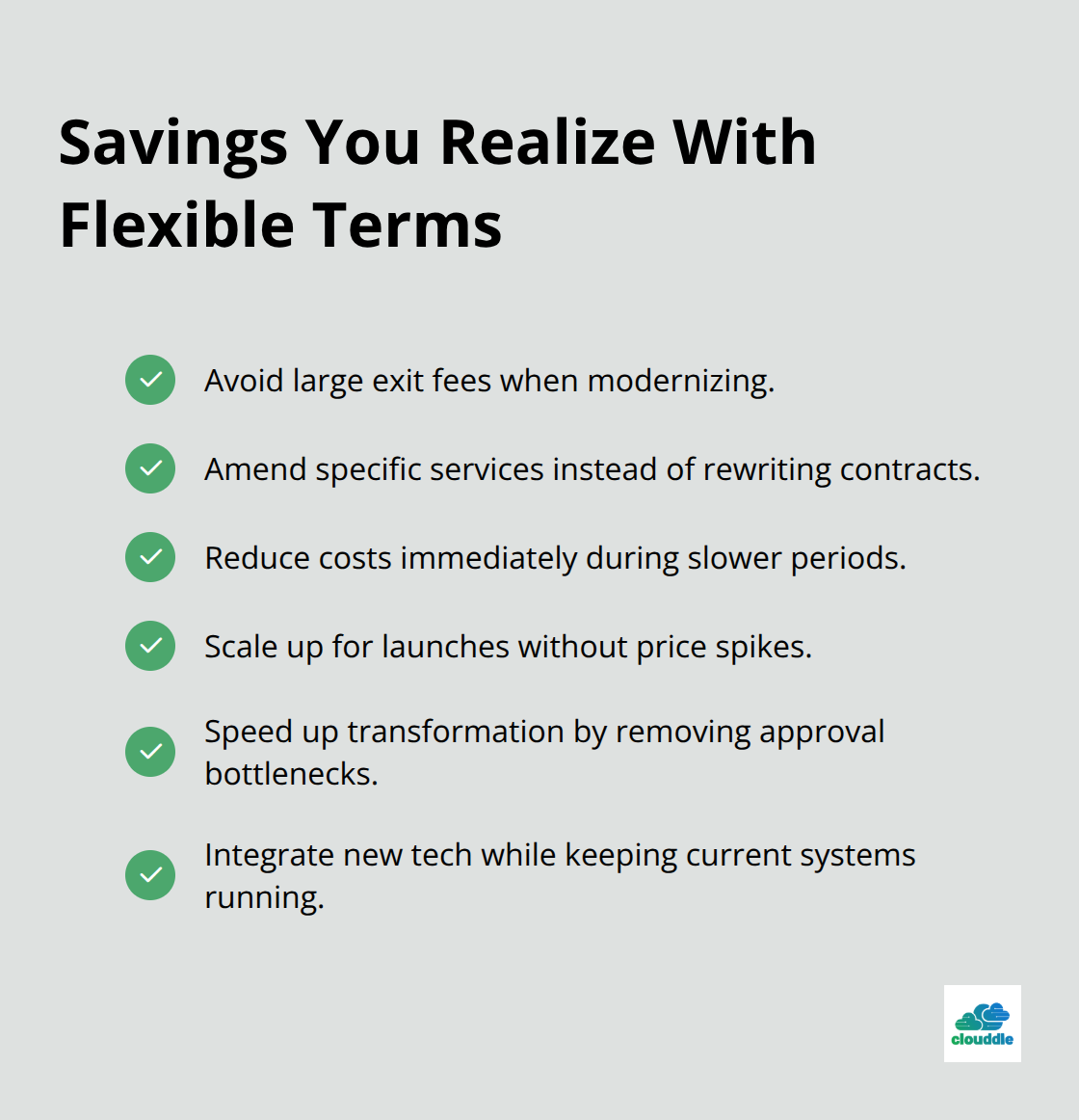 Checkmarked list of cost and speed benefits from flexible IT contracts - Flexible managed IT contracts
