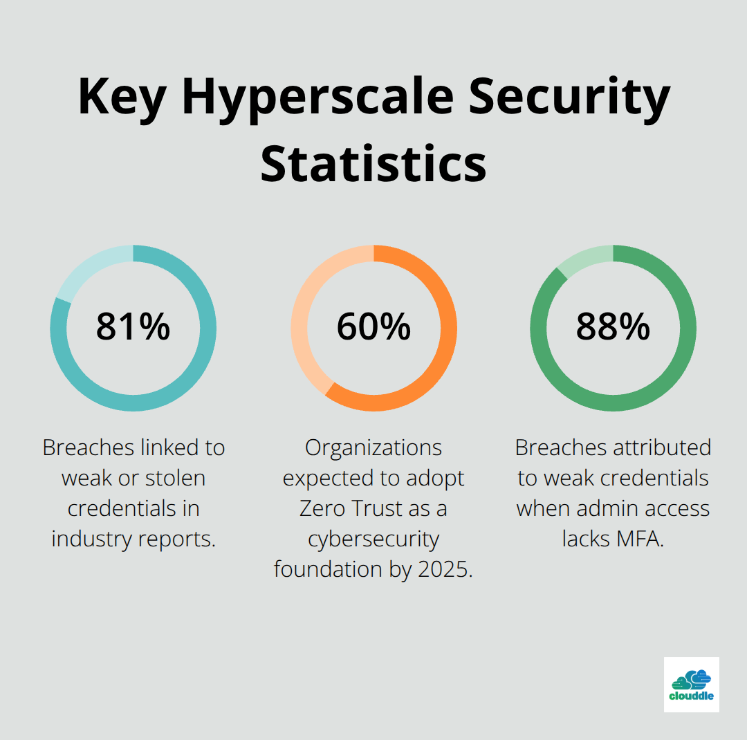 Infographic showing three key statistics on breaches and Zero Trust adoption in hyperscale environments - hyperscale network security