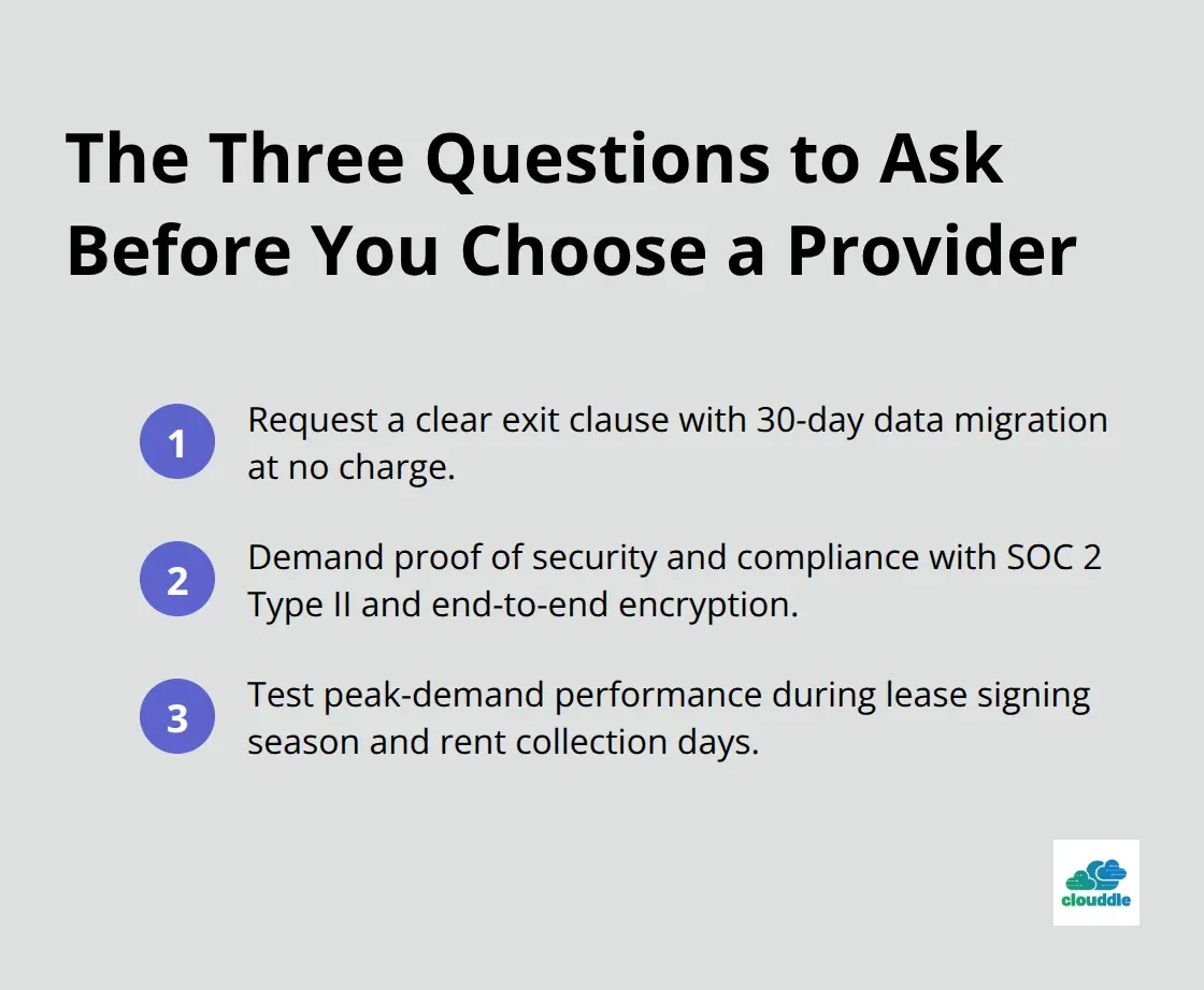 Compact list of three critical provider evaluation questions for property managers