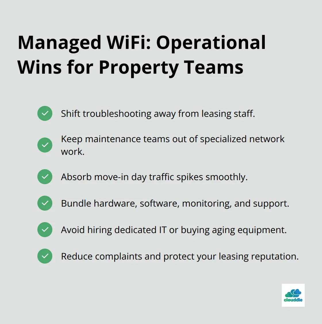 Checkmark list of managed WiFi benefits - Student housing WiFi