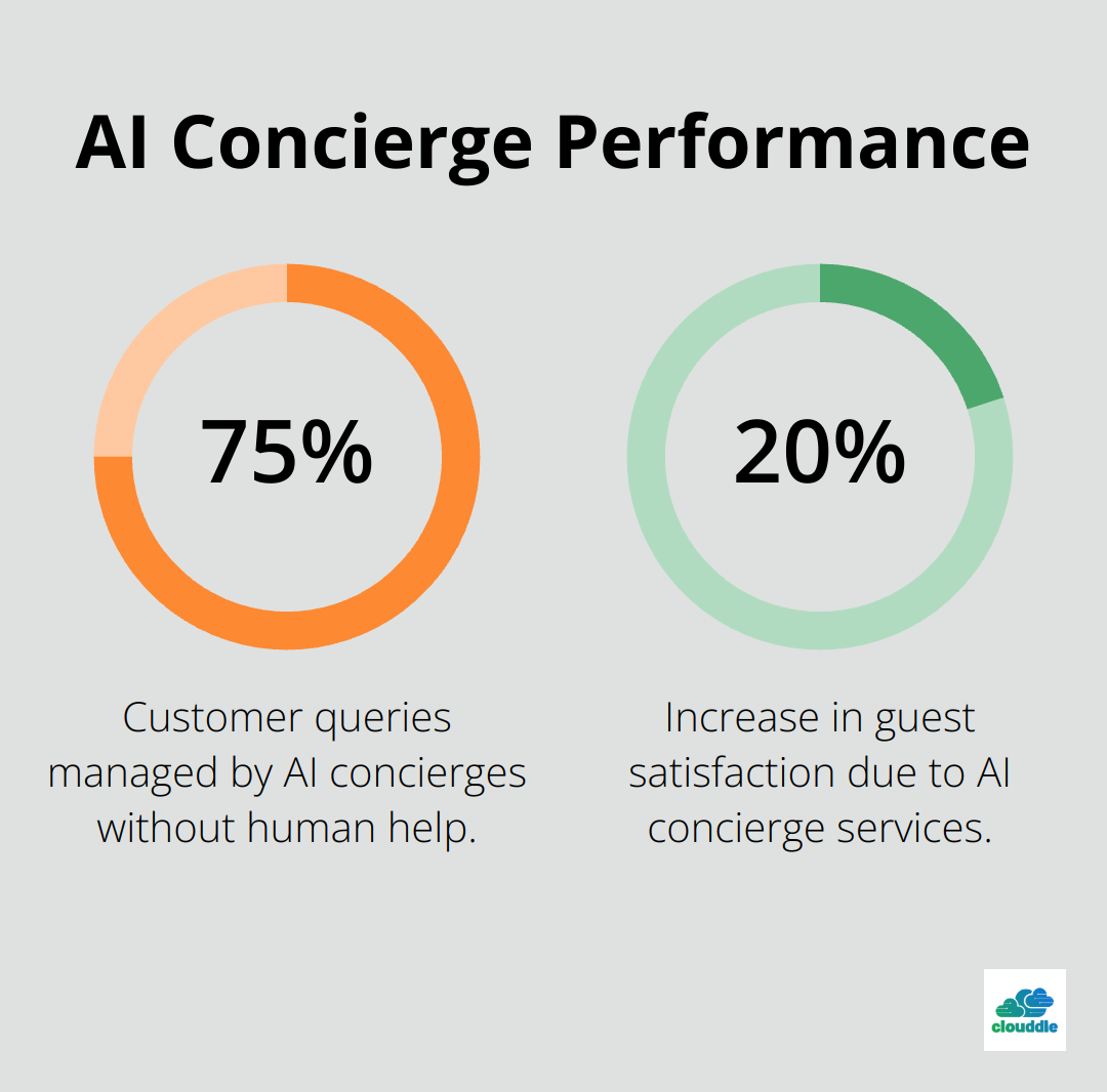 Chart showing AI concierge performance: 75% of queries managed without human help, 20% increase in guest satisfaction