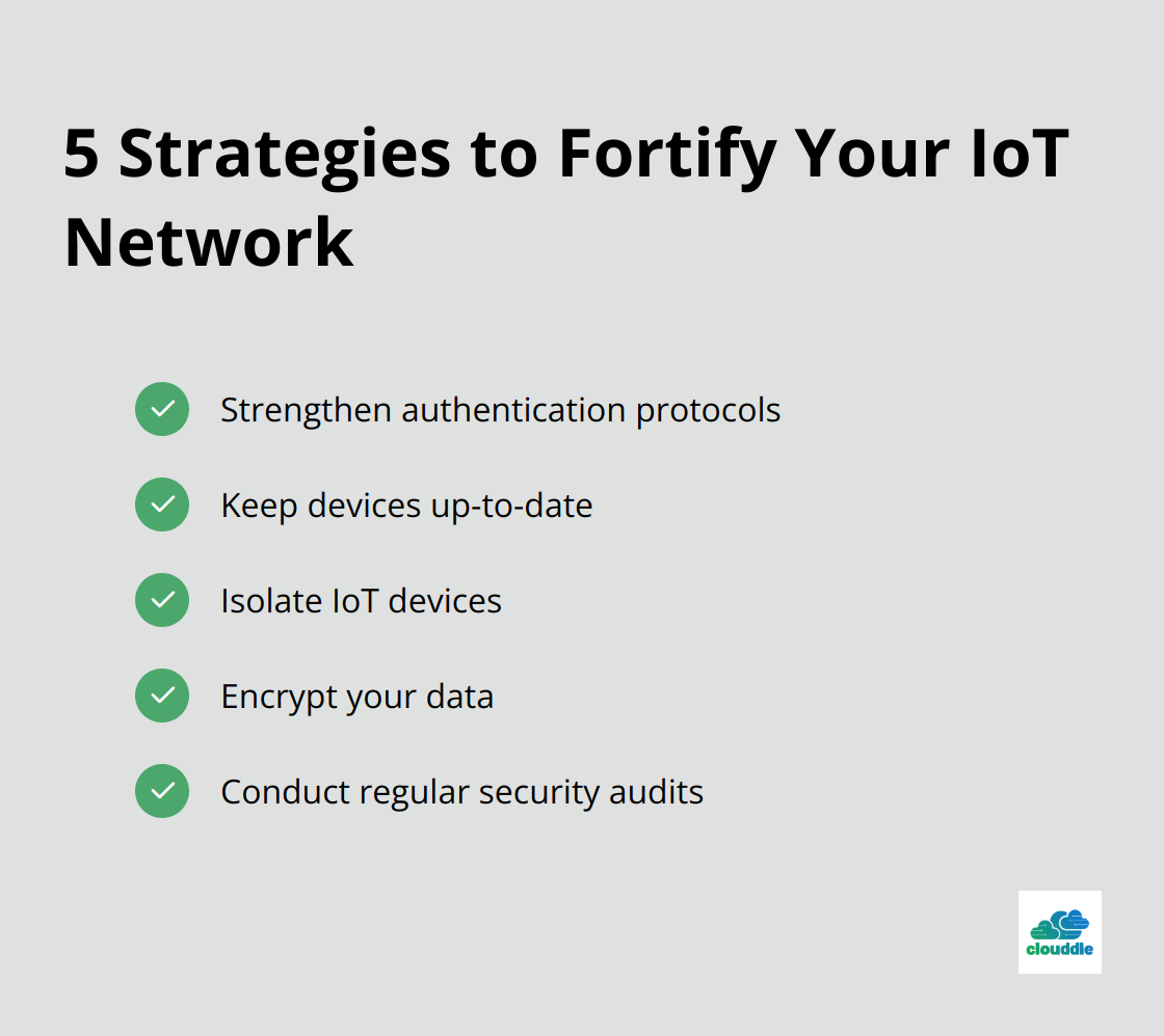 Checklist of five strategies to enhance IoT network security: strengthen authentication, update devices, isolate IoT devices, encrypt data, and conduct security audits.