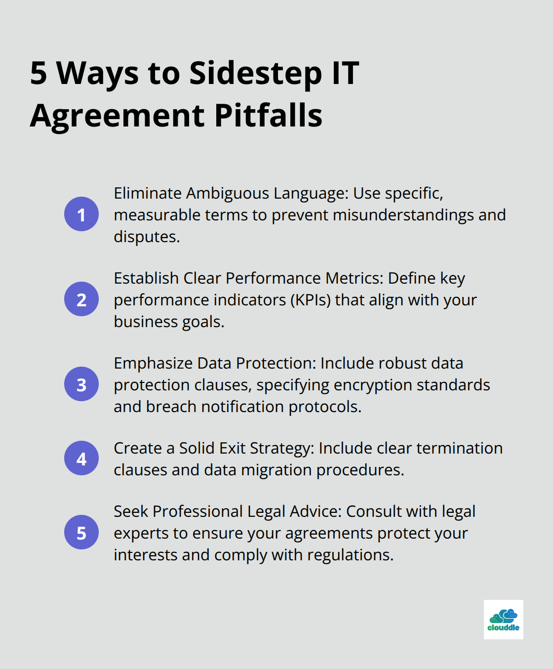 An ordered list of five ways to avoid IT agreement pitfalls: Eliminate Ambiguous Language, Establish Clear Performance Metrics, Emphasize Data Protection, Create a Solid Exit Strategy, and Seek Professional Legal Advice. - it agreements and contracts