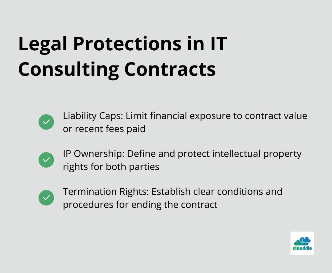 Checkmark list of key legal protections in IT consulting contracts: Liability Caps, IP Ownership, and Termination Rights