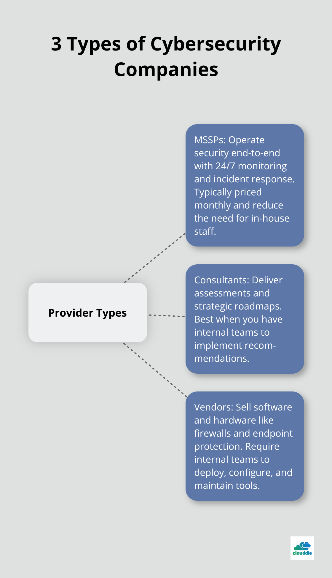 Hub-and-spoke diagram with MSSPs, consultants, and technology vendors around a central provider types hub - it cybersecurity companies