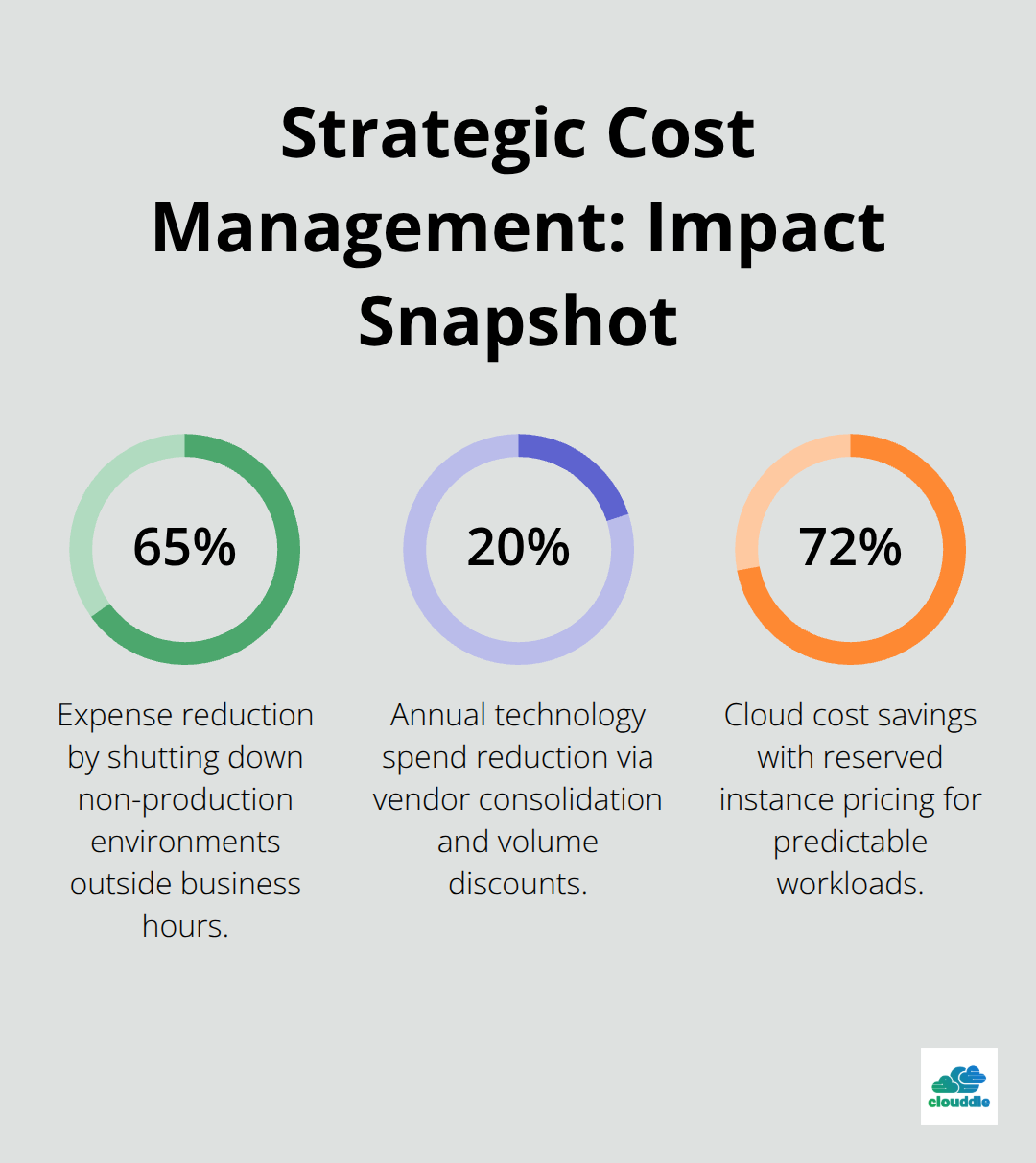 Percentage chart showing savings from scheduling, vendor reviews, and reserved instances. - it infrastructure management