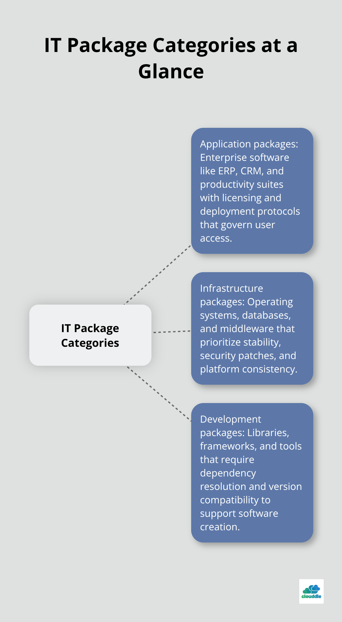 Infographic showing three IT package categories with brief explanations