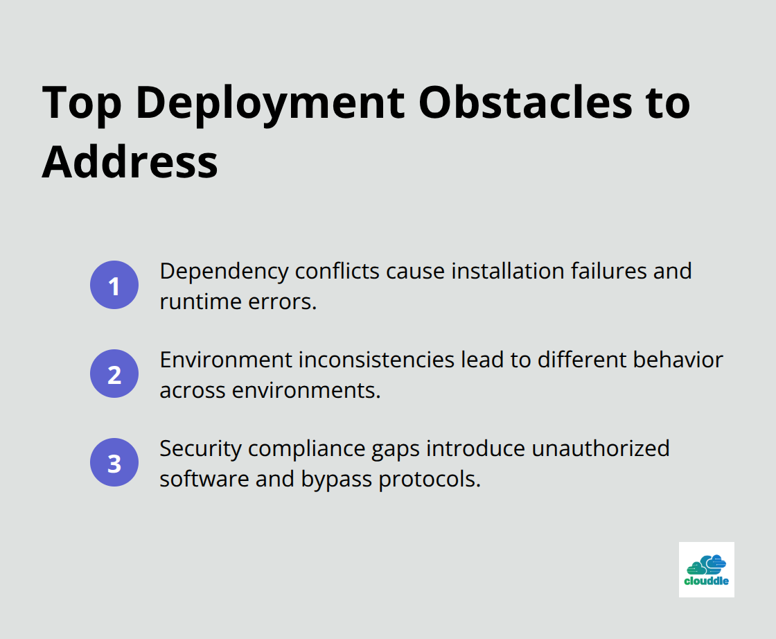Compact list of three major deployment challenges affecting IT operations - it packages and computerised systems