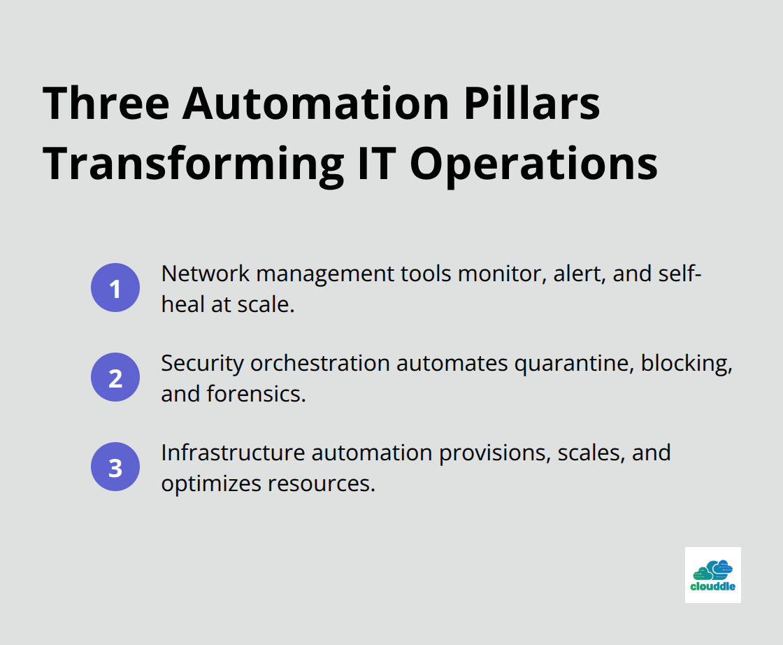 Summary of key automation areas: network management, security response, and infrastructure automation.
