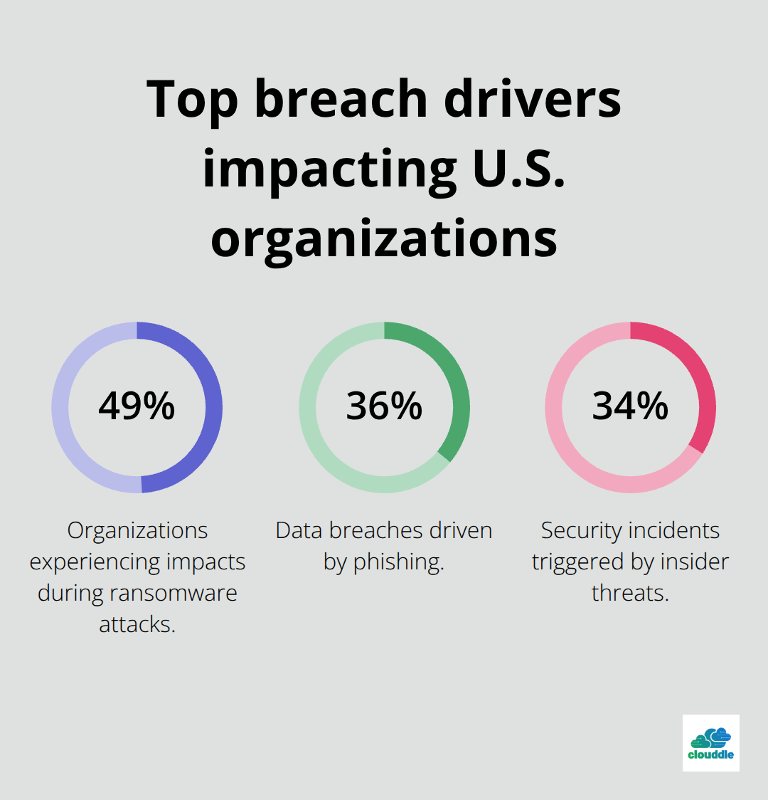 Percentage breakdown of leading breach drivers: ransomware impacts, phishing, and insider threats - it risk management solutions