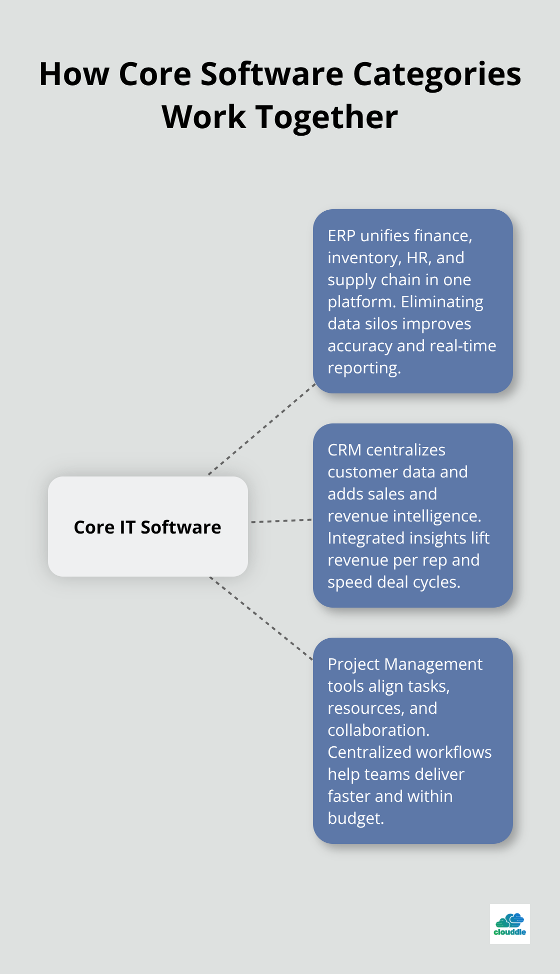 Hub-and-spoke showing ERP, CRM, and Project Management roles in driving business outcomes. - it software solutions for business
