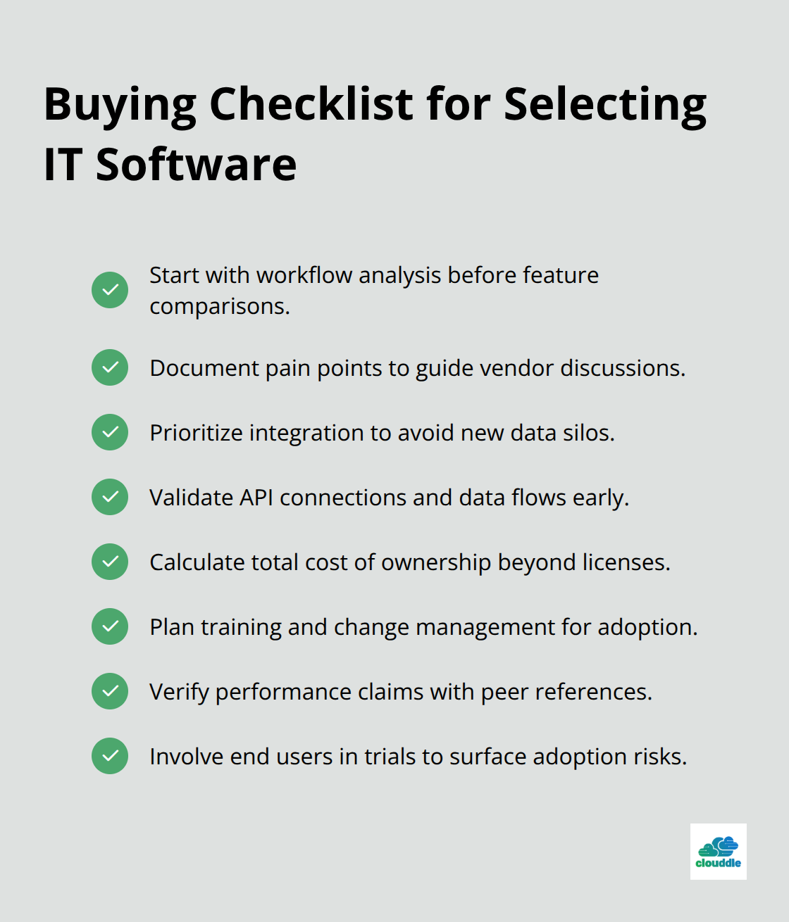 Checkmark list of practical evaluation steps for U.S. businesses choosing software. - it software solutions for business
