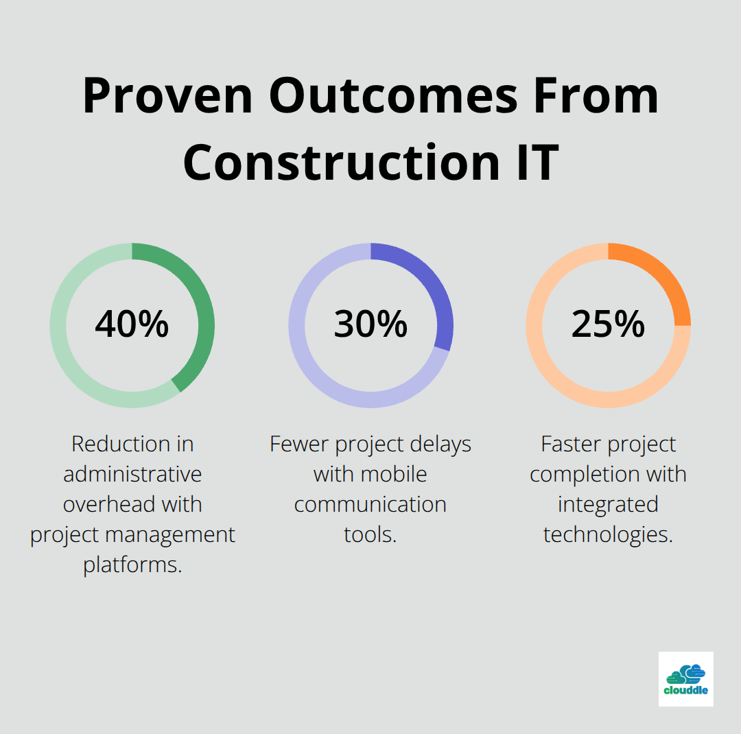 Percentage chart showing admin time reduction, fewer delays, and faster completion from modern construction IT.