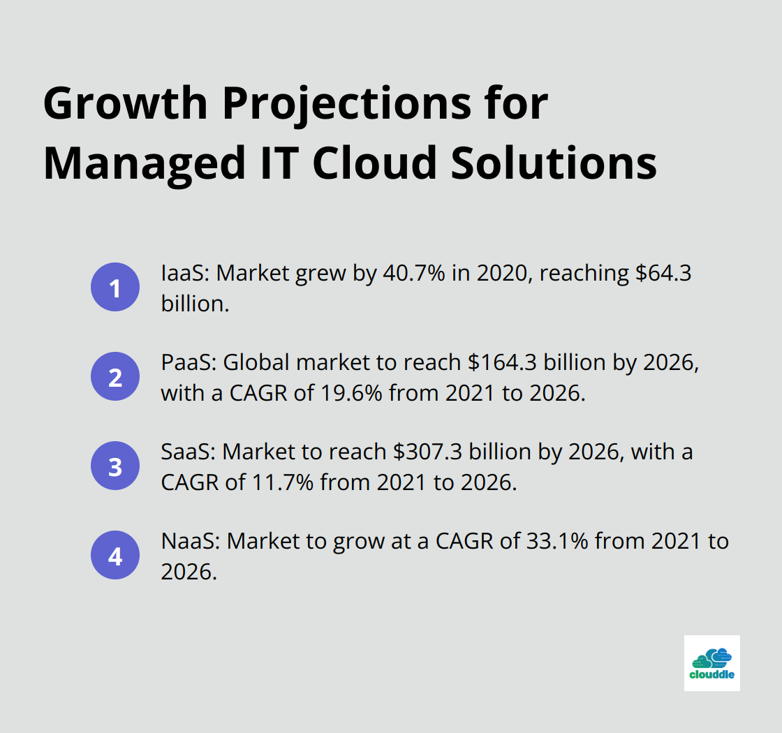 Ordered list chart showing growth projections for IaaS, PaaS, SaaS, and NaaS markets.