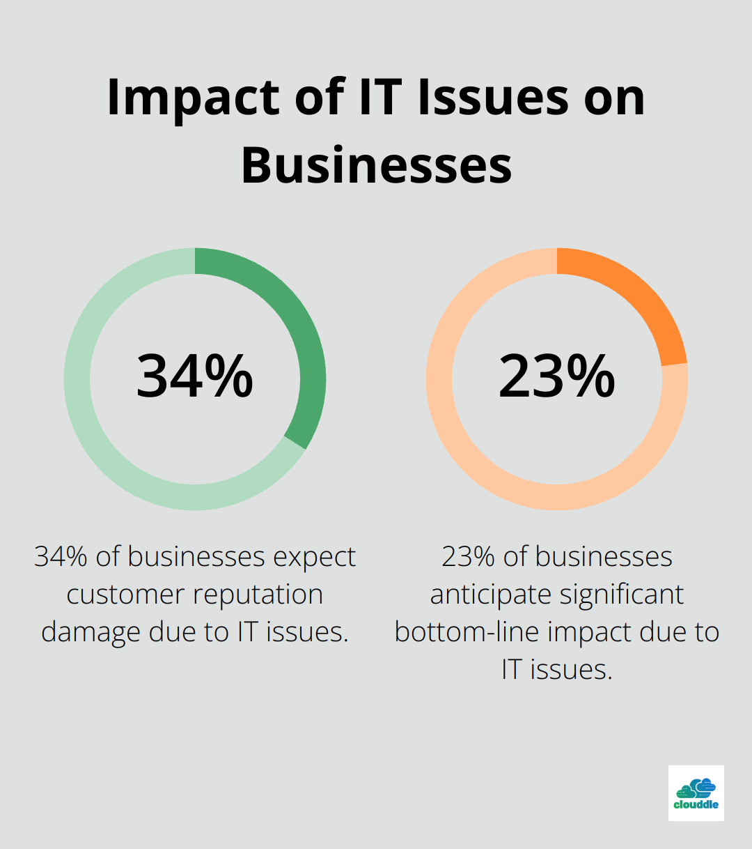 Chart showing 34% of businesses expect customer reputation damage and 23% anticipate significant bottom-line impact due to IT issues