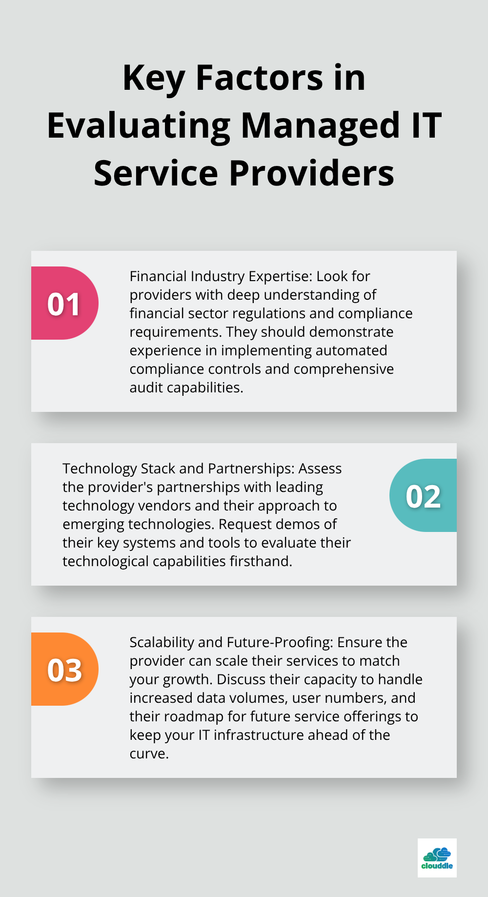 Ordered list chart showing three crucial factors to consider when evaluating managed IT service providers for finance firms - managed it services finance