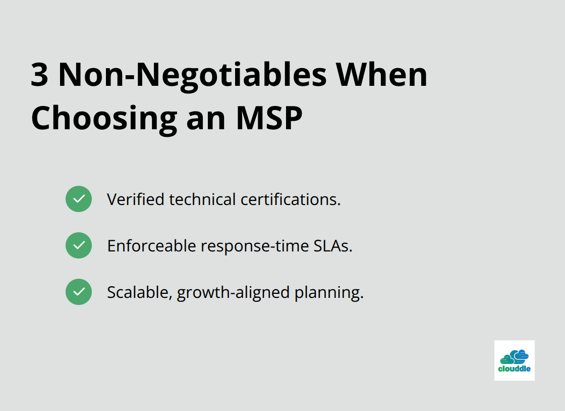 Checklist of critical MSP selection factors: certifications, response-time SLAs, and scalable planning. - managed it support solutions