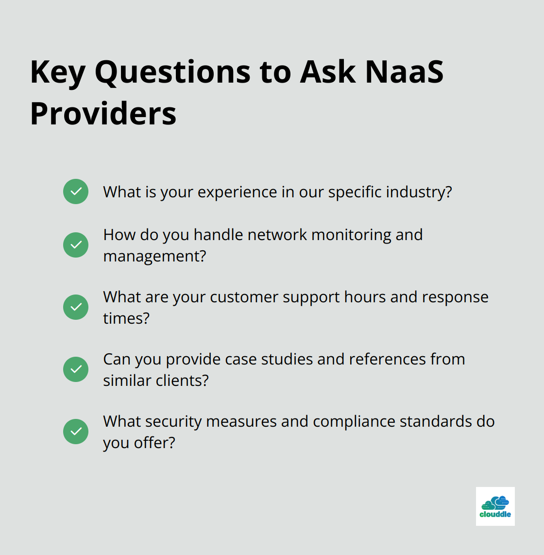 Checkmark list of five essential questions to ask when evaluating NaaS providers - network as a service provider