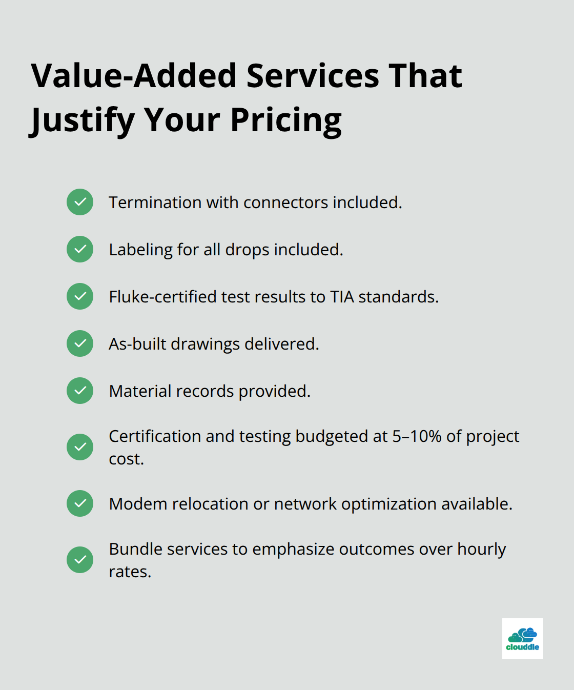 Checklist of documentation, testing, and optimization services that add value to cabling projects. - network cable installation pricing