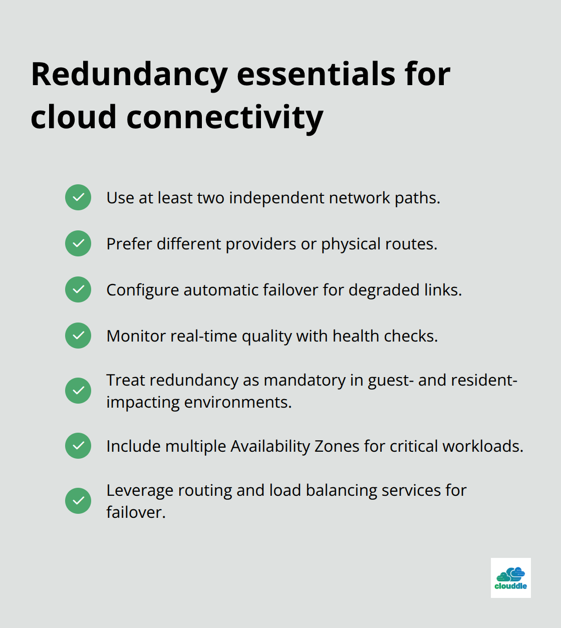 Checklist of redundancy best practices to avoid single points of failure - network connectivity in cloud computing